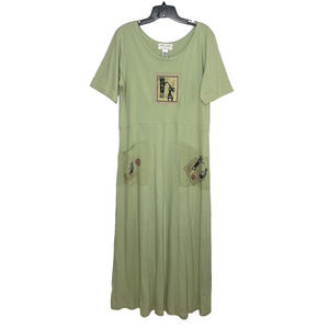 NWT Vintage Maxi Dress Green Cotton Size M Patchwork Block Print Boho Hippie Art